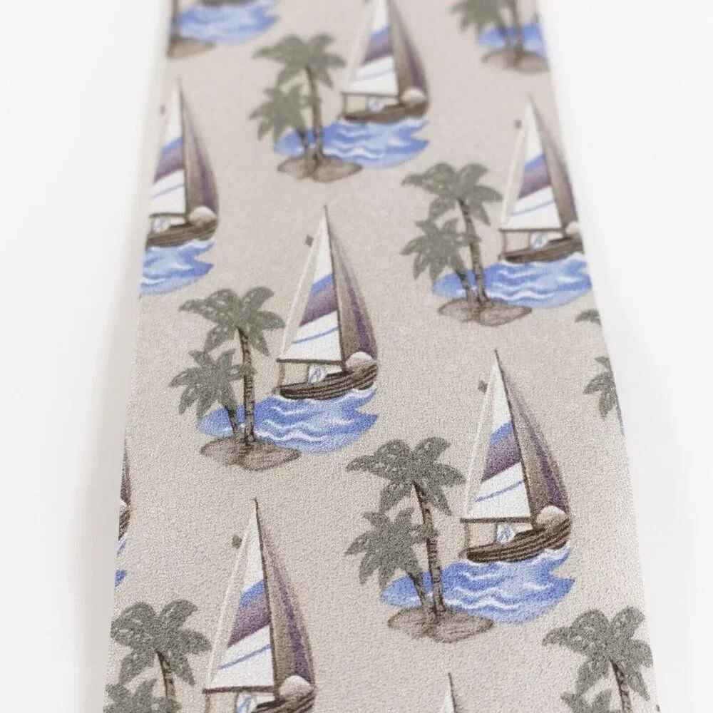 Tango Sand Beige Geometric‎ Novelty Island Sailboat Print Silk Tie